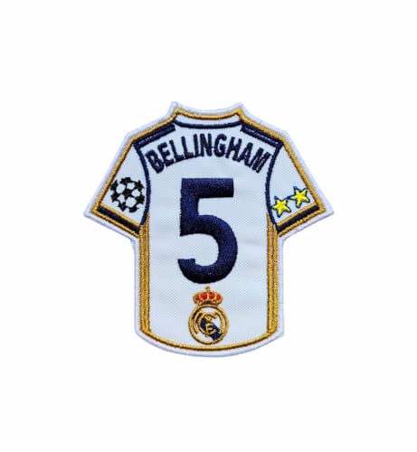 Aufnäher in Form eines Trikots, Fußballmannschaft und Spielername, zum Aufbügeln oder Nähen, 1 Stück, 8 cm x 6 cm, bestickt, Madrid, Bellingham Aufnäher in Form eines Trikots, Fußballmannschaft und Spielername, zum Aufbügeln oder Nähen, 1 Stück, 8 cm x 6 cm, bestickt, Madrid, Bellingham von Genérico