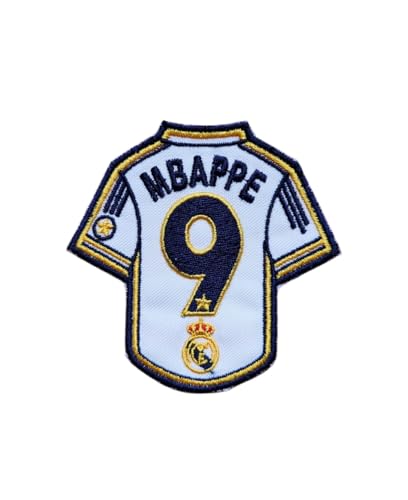 Aufnäher in Form eines Trikots, Fußballmannschaft und Spielername, zum Aufbügeln oder Nähen, 1 Stück, 8 cm x 6 cm, bestickt, Madrid, Mbappe Aufnäher in Form eines Trikots, Fußballmannschaft und Spielername, zum Aufbügeln oder Nähen, 1 Stück, 8 cm x 6 cm, bestickt, Madrid, Mbappe von Genérico