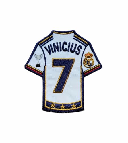 Aufnäher in Form eines Trikots, Fußballmannschaft und Spielername, zum Aufbügeln oder Nähen, 1 Stück, 8 cm x 6 cm, bestickt, Madrid, Vinicius Aufnäher in Form eines Trikots, Fußballmannschaft und Spielername, zum Aufbügeln oder Nähen, 1 Stück, 8 cm x 6 cm, bestickt, Madrid, Vinicius von Genérico