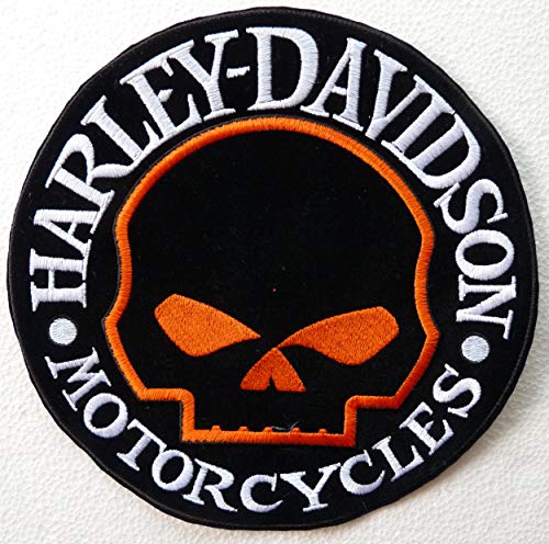 Aufnäher klein Skull Harley Davidson Schriftzug Silver Kontur Orange von Generico