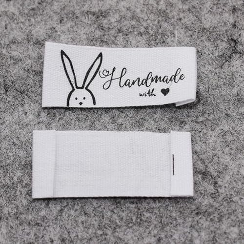Bedrucktes Baumwolletikett, 100 Stück, bedrucktes Etikett, Hauptlabel (weißer Hase aus Baumwolle, 100 Stück) von Genérico