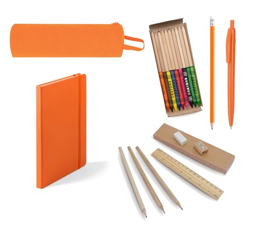 Eco-Friendly Schulset, Orange, komplett: Recycelter Kugelschreiber, 3-in-1-Marker, Federmäppchen, Notizblock A5 und 19-teiliges Kunstset von Genérico