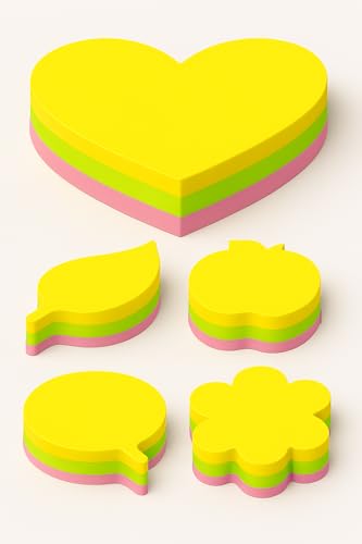 Fluoreszierende Haftnotizen, sortierte Form, Block mit 75 Blatt (1 x Herz, 1 x Ballon, 1 x Apfel, 1 x Blatt 1 x Blume) von Genérico