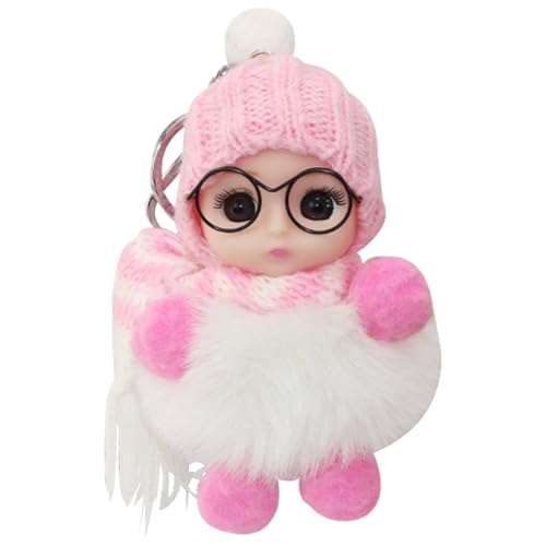 Genérico Puppen-Schlüsselanhänger für Mädchen, niedlicher Schlüsselanhänger für Mädchen, weiche Puppe mit Brille, Schal, Hut, Schulrucksackdekoration für Schüler, Rosa und weiß, Consulte la von Genérico
