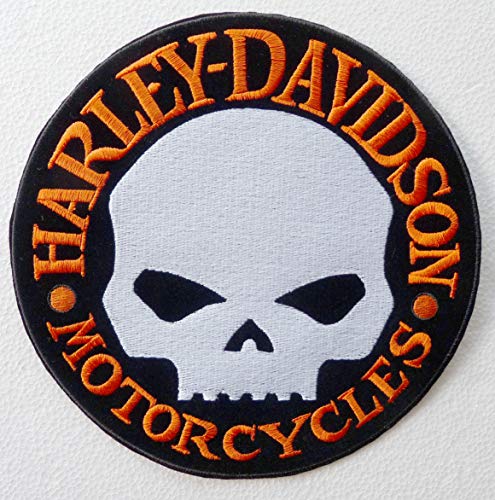 Generischer Patch Patch Großer Skull Harley Davidson Silber mit Orange Schriftzug von Generico