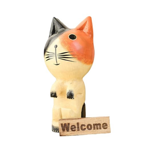 Katzenfiguren, Holzfigur, Willkommenszeichen der Katzenstatue aus Holz, niedliche Schreibtischdekoration, Tischzubehör für Zuhause, Tischdekoration für den Tisch von Genérico