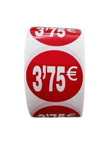 Rolle mit Preisschildern, 3,75 €, 2500 selbstklebende Aufkleber, 35 mm, Rot glänzend (3,75 €) von Genérico