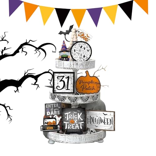 Tablett-Dekoration für Halloween, gruselige Schilder aus Holz mit Fledermäusen und Kürbissen für Zimmer, makabre Dekoration für Schlafzimmer, Wohnzimmer, Bücherregal, Halloween-Tische von Genérico