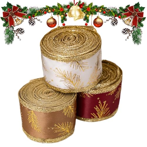 Weihnachtsband mit Drahtkante, Satinband für Bastelarbeiten, Baum-Dekoration, Rollen mit goldenem Muster für Heimdekoration Weihnachtsband mit Drahtkante, Satinband für Bastelarbeiten, Baum-Dekoration, Rollen mit goldenem Muster für Heimdekoration von Genérico