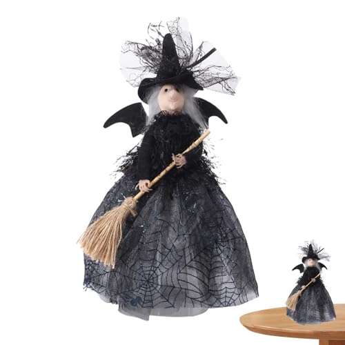 Witch Collectible Figure - Spider Web Skirt Flying Broom Halloween Ghost Festival Witch Doll Tree Top - Stuffed Animals, Halloween Witch Decor Tree Topper für Desktop Treetop Fireplace Halloween Decor von Genérico