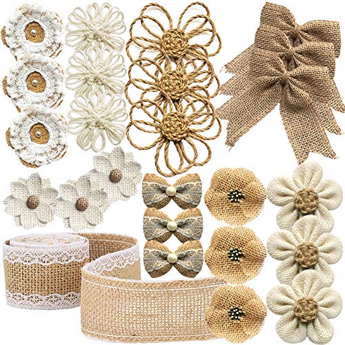 25-teiliges Set, handgefertigt, aus natürlicher Jute, Rosa, Blumen, für Handwerk, Jute, Blumen und Perlen, Dekoration, rustikal, 8 Stile mit 1 Rolle Stoffband von Générique