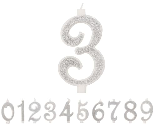 Geburtstagskerzen, Nummer 3, große Kerze, in silberfarbener Farbe, Glitzer und 3D, Dekoration für Geburtstagskuchen, Kerzen für Hochzeitstorte (Silber, 3) von Générique