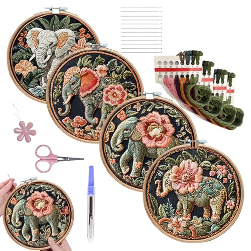 Générique Elefantenstickerei - Anfänger-Stickset für Erwachsene | Elefantenmuster-Praxis-Set zum Üben und Üben mit bunten Druckmustern für Erwachsene Anfänger von Générique