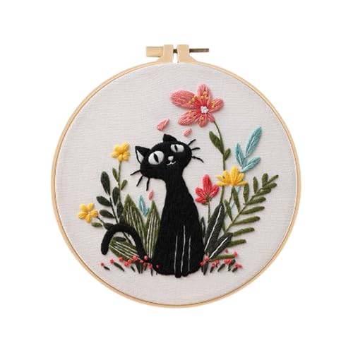 Générique Stickerei-Set für Anfänger | Stickset auf Reifen mit Katze geprägt für Einsteiger | Set mit Nadel und Reifen für das Üben zu Hause auf Reisen | Unterrichtsprojekte von Générique