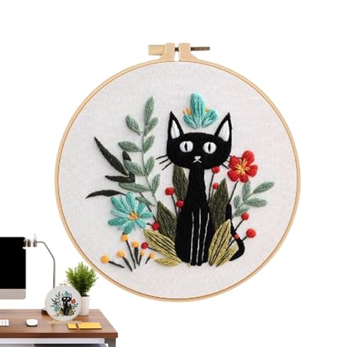 Générique Stickset für Anfänger | Stickerei-Set für Anfänger, Katze, gedruckt auf Rahmen | Set mit Rahmen, Nadel, Faden, kreatives Zubehör für Zuhause, Reise | Projekte Kunstunterricht Halloween von Générique
