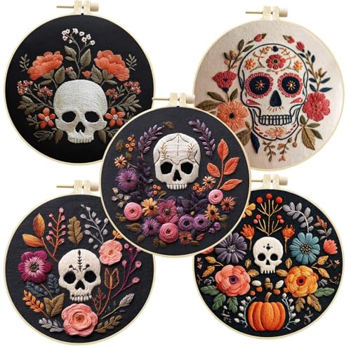 Totenkopf-Stickerei – Halloween-Stickerei für Anfänger | Praktisches Bastelset mit Kreis, Fäden, Schere für Frauen, Erwachsene, leidenschaftliche Familie von Générique