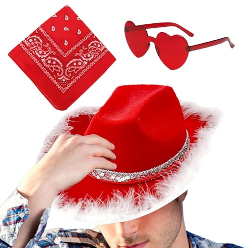 Weihnachts-Cowboy-Hut, Cowboy-Hut, Cowboyhut, Partyhüte, Westernhüte, 3-facher Weihnachts-Partyhut, Cowgirl-Hut mit breiter Krempe mit herzförmiger Brille und Bandana Weihnachts-Cowboy-Hut, Cowboy-Hut, Cowboyhut, Partyhüte, Westernhüte, 3-facher Weihnachts-Partyhut, Cowgirl-Hut mit breiter Krempe mit herzförmiger Brille und Bandana von Générique