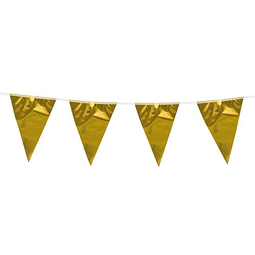 Boland 74766 - Wimpelkette Metallic, 1 Stück, Länge 10 Meter, Gold, Fahnenkette, Hängedekoration, Girlande, Mottoparty, Geburtstag, Karneval, Hochzeit, Jubiläum, Goldhochzeit von Boland