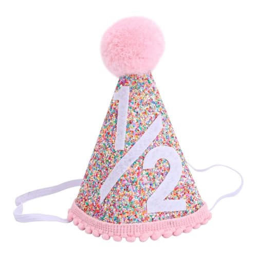 1/2 Geburtstagshut für Baby – Glitzer-Halbgeburtstagskrone mit Bommel, rosa Filz-Partyhut für 6 Monate Feier, Kinder-Foto-Requisite (1 Stück) von Generisch