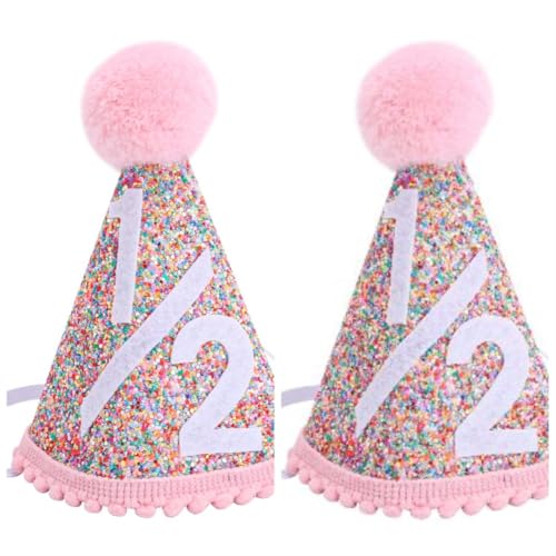 1/2 Geburtstagshut für Baby – Glitzer-Halbgeburtstagskrone mit Bommel, rosa Filz-Partyhut für 6 Monate Feier, Kinder-Foto-Requisite (2 Stück) von Generisch
