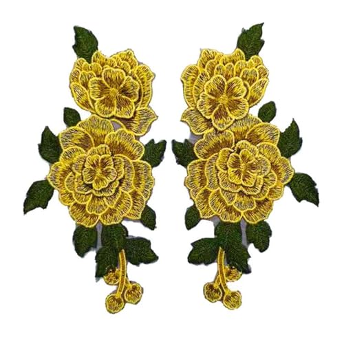 1 Paar rote Stickerei Rose Blume Aufnäher Patch Kleid Hut Tasche Jeans Applikation Handwerk Kleidung Zubehör (gelb) von Generisch