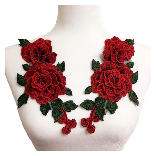 1 Paar rote Stickerei Rose Blume Aufnäher Patch Kleid Hut Tasche Jeans Applikation Handwerk Kleidung Zubehör (rot) von Generisch