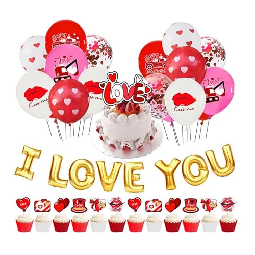 1 Set Latex-Luftballons zum Valentinstag, "I Love You", Kuchendekoration, Cupcake-Dekorationen für Valentinstag, Antrag, Hochzeit, Dating, Geburtstag, Partyzubehör von Generisch