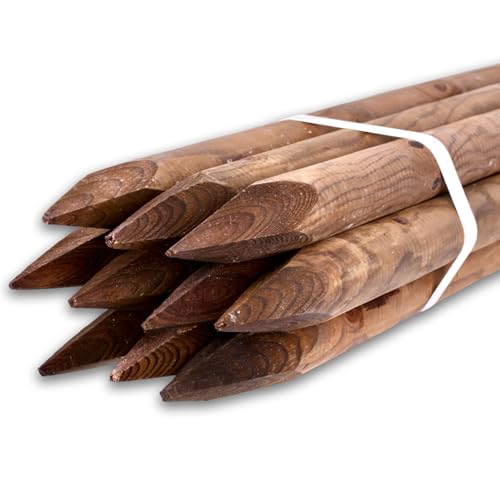 10 Stück Rundholzpfähle KDI Braun – Ø 8 cm, imprägniert & wetterfest, wählbare Längen (100 cm, 125 cm, 150 cm) – stabile Holzpfähle für Zaunbau, Baumpfähle, Pflanzstützen (150 cm Länge) von Generisch