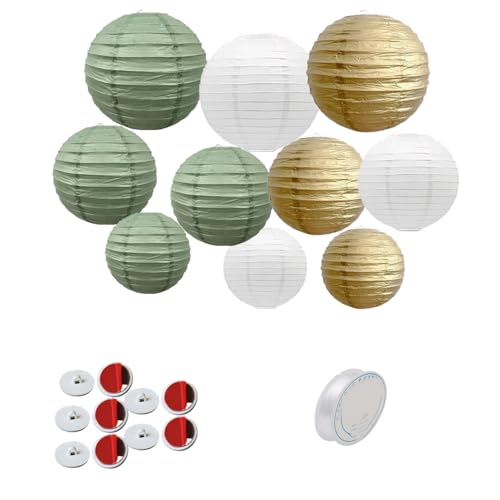 10 Stück Salbei Grün Gold Weiße Papierlaternen Set - 3 Größen (30/25/20 cm) mit Transparenter Angelschnur & 10 Haken, Wiederverwendbare Deko für Hochzeit, Party, Geburtstag, Rustikale Themenfeier von Generisch