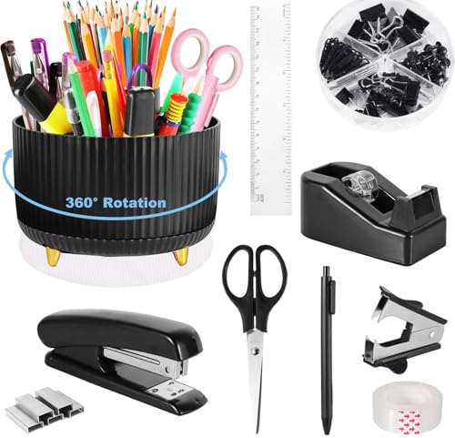 10-teiliges Schreibtisch-Organizer-Set mit 360 Grad drehbarem Stifthalter, Klebebandspender, Hefter, Heftklammern, Heftklammern, Klebeband, Clips, Lineal, Schere und Stift, ideal für Büro und Schule von Generisch