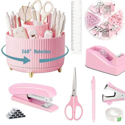 10-teiliges Schreibtisch-Organizer-Set mit 360 Grad drehbarem Stifthalter, Klebebandspender, Hefter, Heftklammern, Heftklammern, Klebeband, Clips, Lineal, Schere und Stift, ideal für Büro und Schule von Generisch