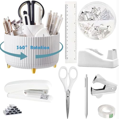 10-teiliges Schreibtisch-Organizer-Set mit 360 Grad drehbarem Stifthalter, Klebebandspender, Hefter, Heftklammern, Heftklammern, Klebeband, Clips, Lineal, Schere und Stift, ideal für Büro und Schule von Generisch