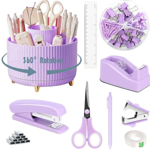 10-teiliges Schreibtisch-Organizer-Set mit 360 Grad drehbarem Stifthalter, Klebebandspender, Hefter, Heftklammern, Klebeband, Clips, Lineal, Schere und Stift, ideal für Büro und Schule, Lila von Generisch