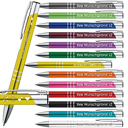 10 x Kugelschreiber mit Gravur | Emojis Gravur möglich | 13 Farben | Werbekugelschreiber mit Wunschgravur | Personalisierte Kulis | 10 Stück PS167 (Gelb) von Generisch