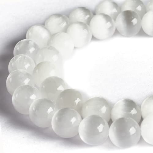 100 Stück 8 mm weiße Katzenaugen-Perlen aus natürlichem Edelstein, rund, lose Perlen zum Basteln und zur Schmuckherstellung von Generisch