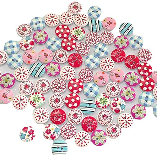 100 Stück Holzknöpfe mit Blumengitter, gemischtes Muster, 2 Löcher, zum Nähen, Scrapbooking, Basteln, Haltbarkeit von Generisch