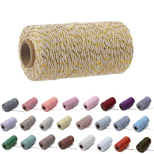 100 Yard/2 mm Baumwollseil, bunt, Handwerk, Kordel zum Stricken von Kordel für Geschenkverpackungen, Handwerk (Goldener Faden+Beige, 2mm) von Generisch