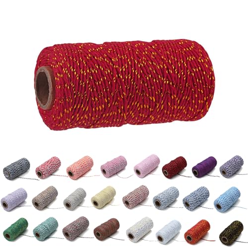 100 Yard/2 mm Baumwollseil, bunt, Handwerk, Kordel zum Stricken von Kordel für Geschenkverpackungen, Handwerk (Goldon Thread+Rot, 2mm) von Generisch