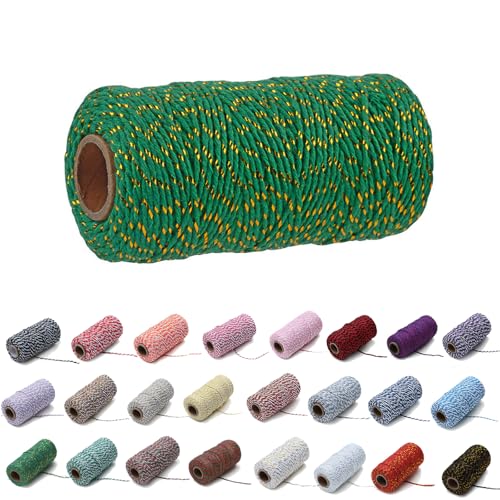 100 Yard/2 mm Baumwollseil, bunt, Handwerk, Kordel zum Stricken von Kordel für Geschenkverpackungen, Handwerk (Grün+Golden, 2mm) von Generisch