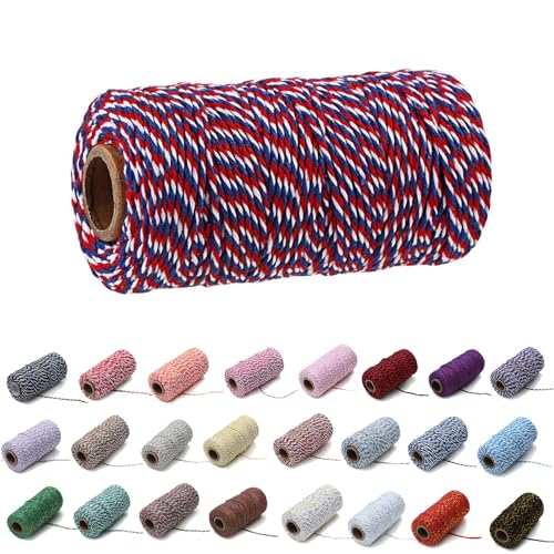 100 Yard/2 mm Baumwollseil, bunt, Handwerk, Kordel zum Stricken von Kordel für Geschenkverpackungen, Handwerk (Rot+Blau+Weiß, 2mm) von Generisch