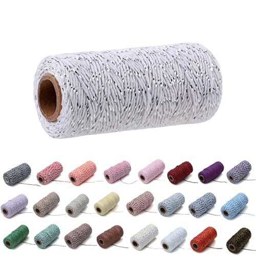 100 Yard/2 mm Baumwollseil, bunt, Handwerk, Kordel zum Stricken von Kordel für Geschenkverpackungen, Handwerk (Silberfaden+Weiß, 2mm) von Generisch