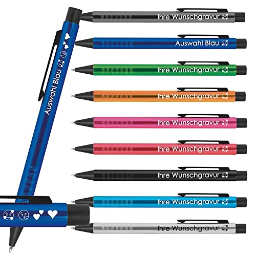 100x Kugelschreiber mit Gravur | Emoji Gravur möglich | Werbekugelschreiber personalisiert | Blau schreibende Mine | Extravagante Griffzone | Metall Druckkugelschreiber mit Wunschgravur (Blau) von Generisch