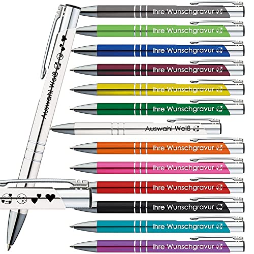 100x Kugelschreiber mit Gravur | Emojis Gravur | 13 Farben Auswahl | Personalisierte Werbekugelschreiber mit Wunschgravur | (Weiß, 100 Stück) von Generisch
