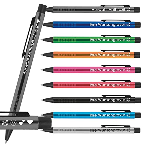 100x Kugelschreiber mit Gravur | Symbole Gravur möglich | Werbekugelschreiber personalisiert | Blau schreibende Mine | Extravagante Griffzone | Metall Druckkugelschreiber mit Wunschgravur (Anthrazit) von Generisch