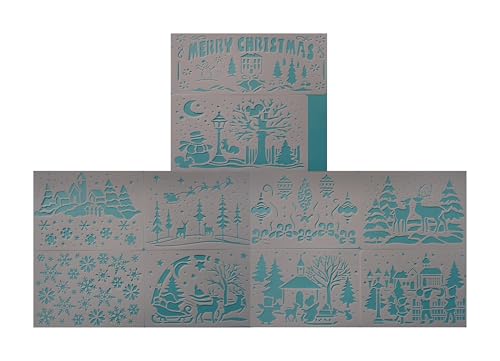 10er Set Schablone Weihnachten Baum Schlitten Rentier Flocke Landschaft Kirche Schneemann je 18 x 13 cm Deko MU K351 von Generisch