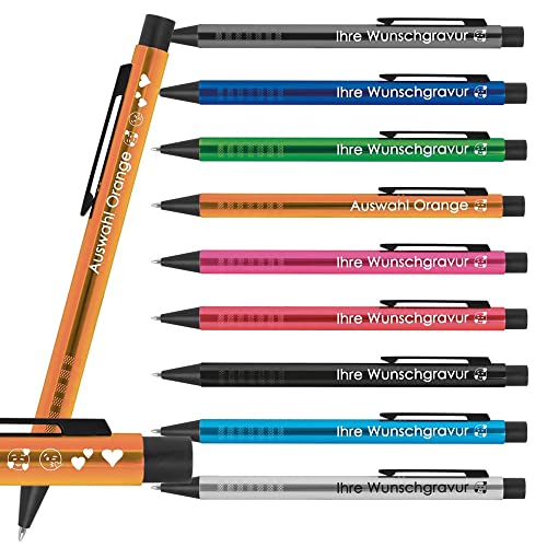 10x Kugelschreiber mit Gravur | Emoji Gravur möglich | Werbekugelschreiber personalisiert | Blau schreibende Mine | Extravagante Griffzone | Metall Druckkugelschreiber mit Wunschgravur (Orange) von Juwelier Schönschmied