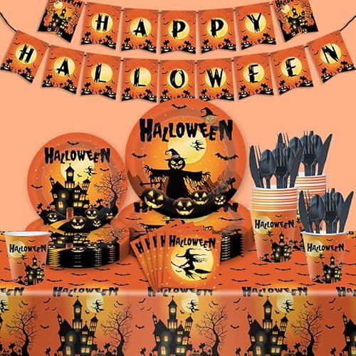 114-teiligespappteller schwarz Halloween-Partyteller-Set – Deko-Set, Kürbis, Skelett, Geist, Hexe, Kinder-Tischdeko, Halloween-Tischdeko, Horror-Partyteller (Paket-C) von Generisch