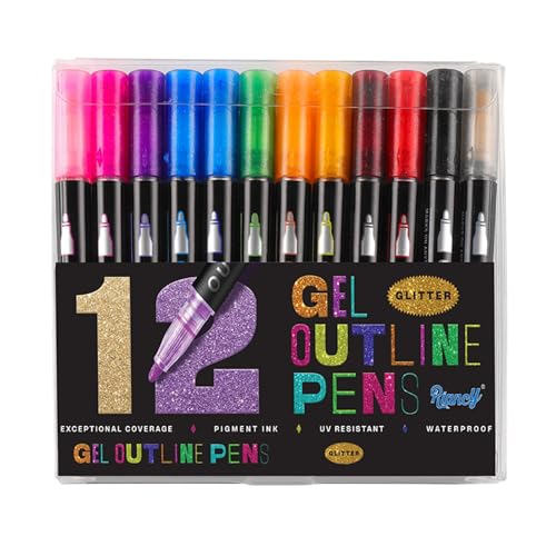 12 Farben Gelstifte Set Kugelschreiber mit Glitzer Perlmutt-Effekt Doppellinien-Konturstifte für Schule Büro Kreativprojekte Acryl Marker Handlettering Bürobedarf Hochwertige Schreibwaren von Generisch