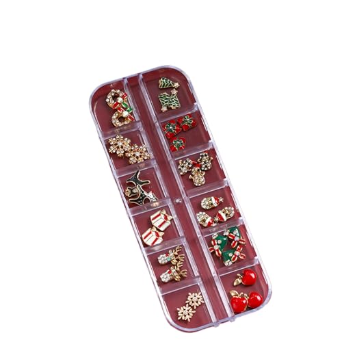 12 Gitter Weihnachts nagel dekorationen, Schneeflocke Elch kranz Strass steine, Luxus Schmuck aus Metall 3D Legierung, Silbergrün Rote Edelsteine für Frauen Winter DIY von Generisch