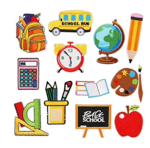 12 bestickte Aufnäher zum Aufbügeln für Schulbedarf – niedliches ABC, Bleistift, Schulbus-Designs für Bekleidungsreparatur und Bastelarbeiten, buntes Sortiment 12 bestickte Aufnäher zum Aufbügeln für Schulbedarf – niedliches ABC, Bleistift, Schulbus-Designs für Bekleidungsreparatur und Bastelarbeiten, buntes Sortiment von Generisch